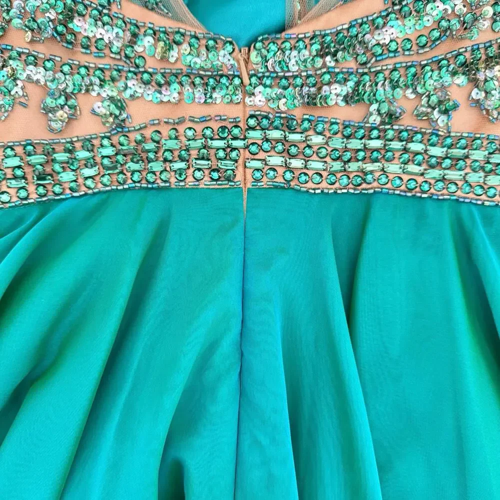 Sherri Hill Beaded Cocktail Dress Mermaid Green Fit & Flare Sz 2 Y2K VTG Prom